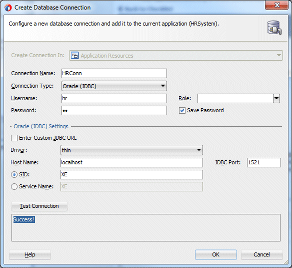 Create Database Connectionダイアログの値を入力、Test ConnectionボックスにSuccess!と表示