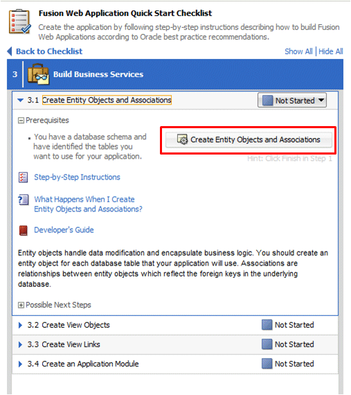Checklistのサブステップ3.1を展開、Create Entity Objects and Associationsボタンにカーソルを置く