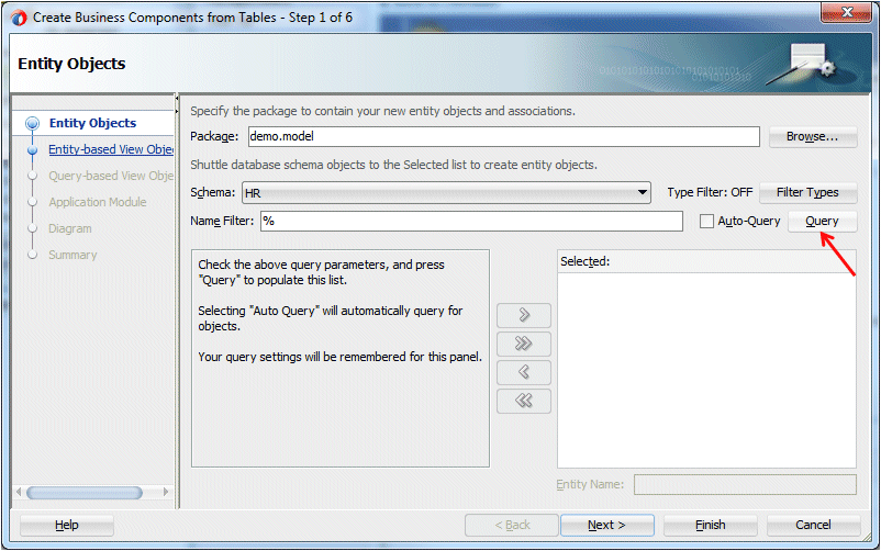 Create Business Components from Tablesウィザードのステップ1で、Queryボタンにカーソルを置く