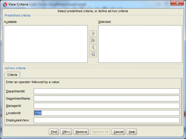 Business Component View Criteriaダイアログで、LocationIdフィールドに1700と表示