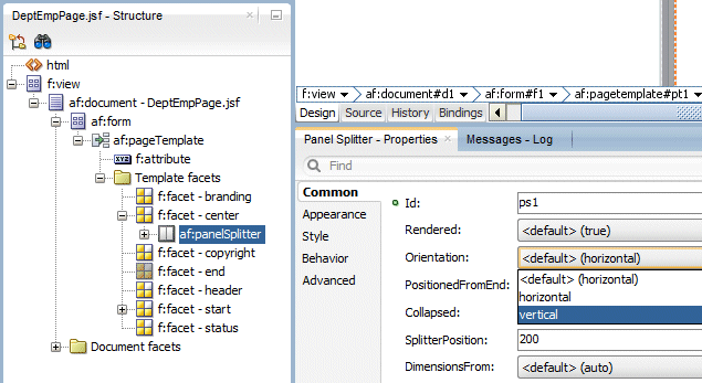 プロパティ・インスペクタのPanel Splitterで、Orientationプロパティに'vertical'オプションを選択。