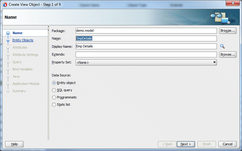 Create View ObjectウィザードのStep 1で、NameフィールドにEmpDetailsと入力、Entity objectラジオ・ボタンは選択のまま。