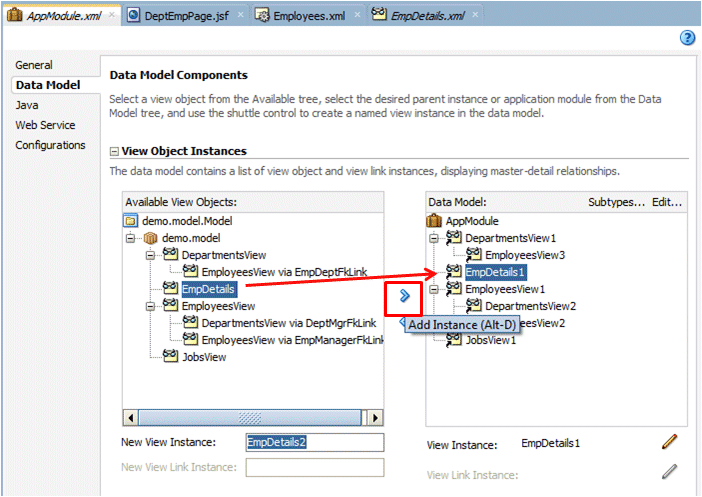 AppModule.xmlファイルのData Modelタブ。 Available View ObjectsペインでEmpDetailsを選択、矢印にカーソルを合わせてData Modelペインに移動。