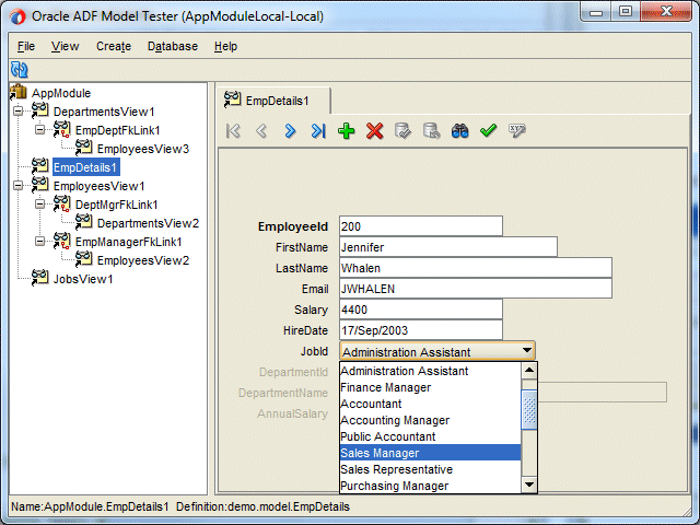 同じOracle ADF Model Testerに、役職名のリストを表示するLOV_JobIdポップアップが表示。 カーソルをAdministration Assistantに合わせます。