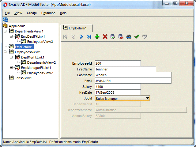 Oracle ADF Model Tester： JobIdフィールドに役職名Administration Assistantが設定されています。