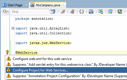 Javaエディタ・ウィンドウで、Webサービスの構成を選択