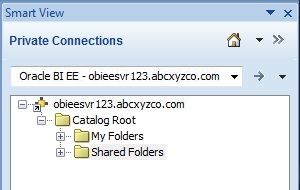 View of the Oracle BI EE catalog tree showing the Oracle BI EE server address, Catalog Root node, and default folders, My Folders and Shared Folders.