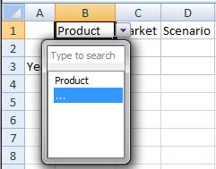 Clicking in a dimension cell causes a down arrow to appear at the right of the cell. Clicking the arrow launches a drop-down containing the name of the dimension and an ellipsis (...). Click the ellipsis to launch the Member Selection dialog box and select the members to display in the drop-down list.