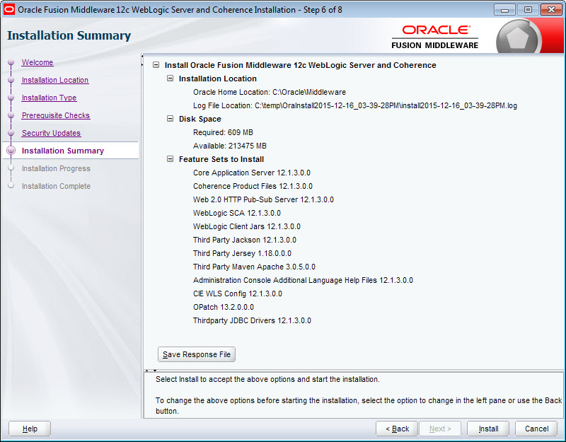 Screenshot of WebLogic installation wizard.