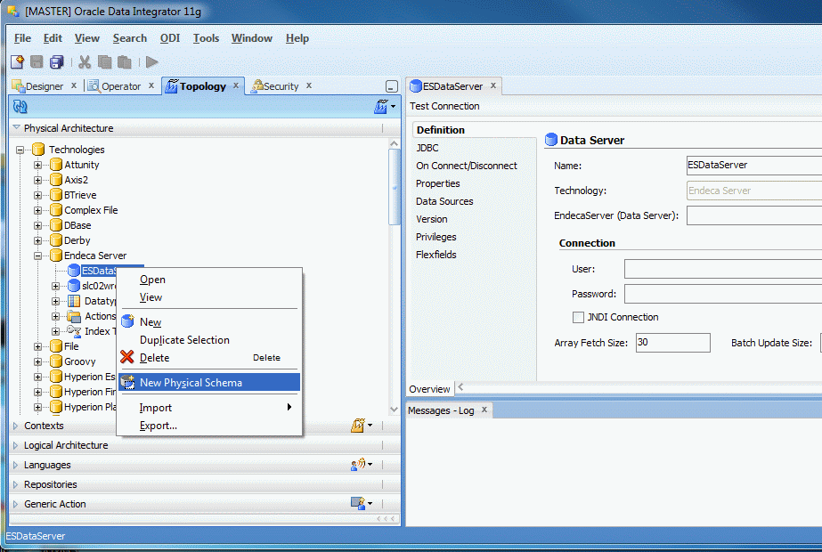 Screenshot of the Topology tab with the New Physical Schema option selected