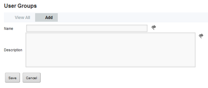 User Groups page with fields to add a group