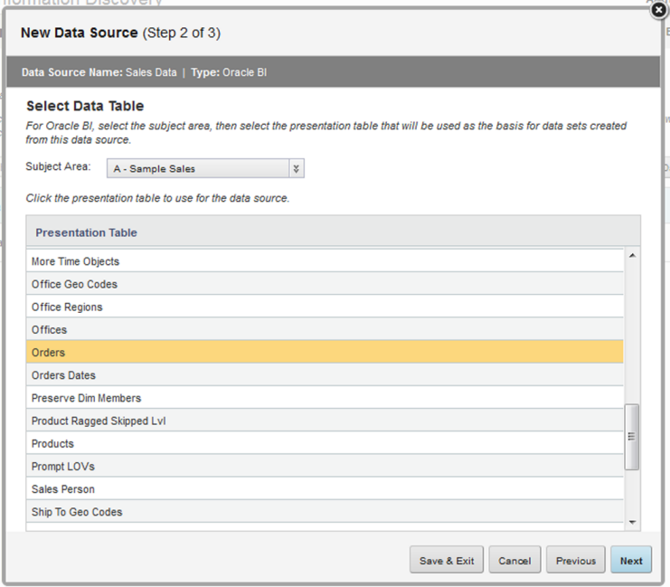 Select Data Table page for an Oracle BI data source