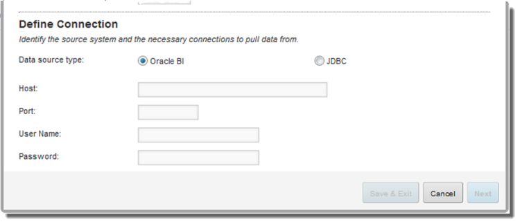 Define Connection fields for an Oracle BI data source