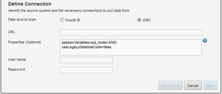 Define Connection fields for a JDBC data source