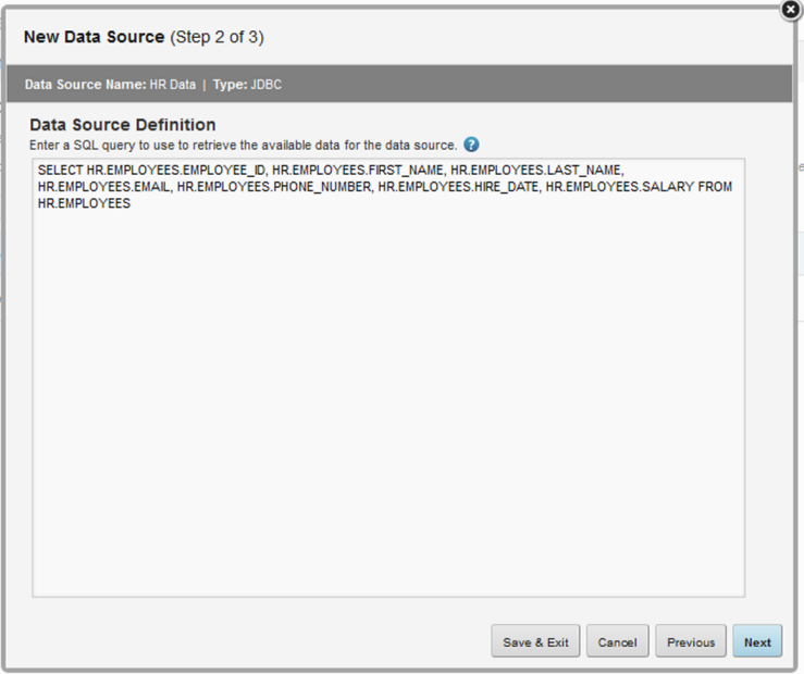 Data Source Definition page for a JDBC connection