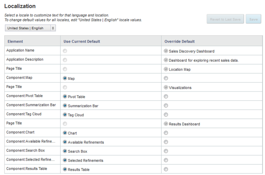 Default view of the Application Localization page