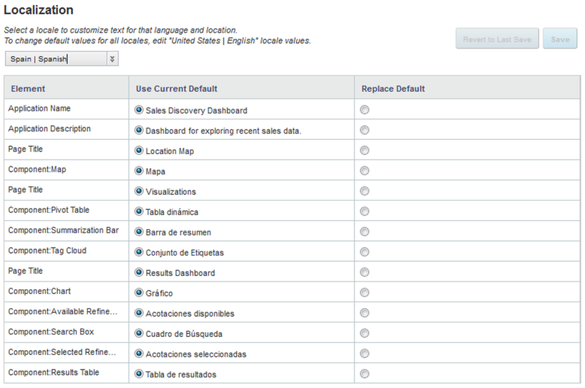 Application Localization page with a different locale selected