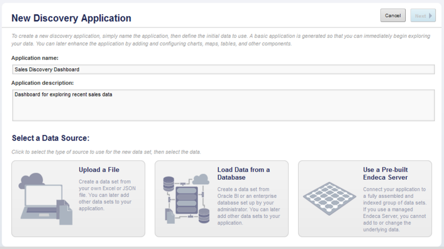 New application page with name, description, and data selection