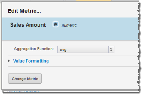 Metric configuration dialog with aggregation method drop-down list