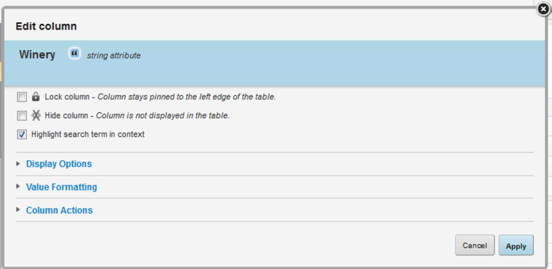 Edit column dialog for a persistent column