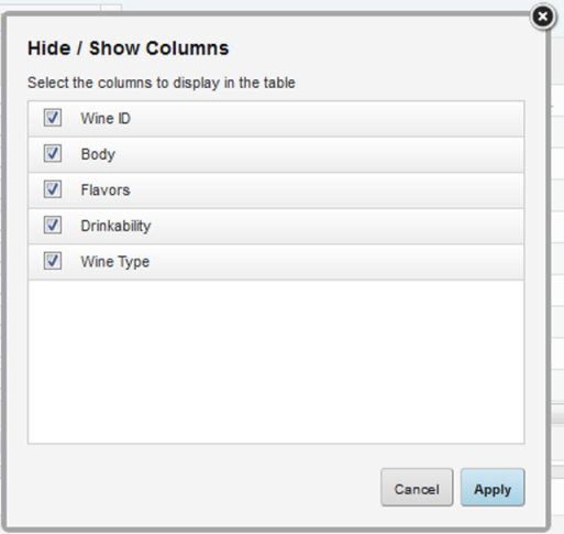 Hide/Show Columns dialog for the Results Table