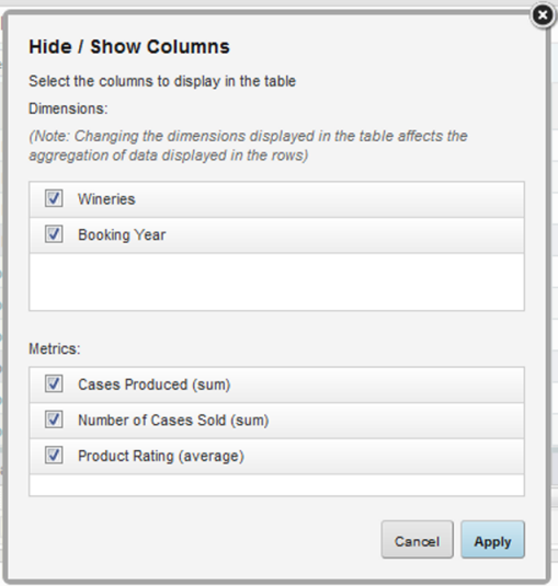 Hide/Show Columns dialog for an aggregated Results Table
