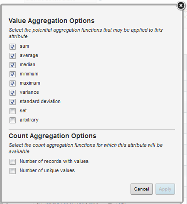 Available aggregation methods dialog