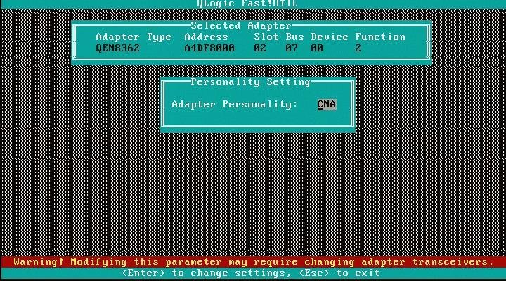 image:Figure présentant la modification du paramètre Personality de l'adaptateur dans l'utilitaire Fast!Util.