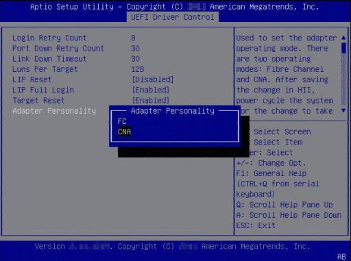 image:Figure présentant la sélection du mode du protocole de fonctionnement (Adapter Personality) du HBA universel dans l'utilitaire de configuration UEFI.