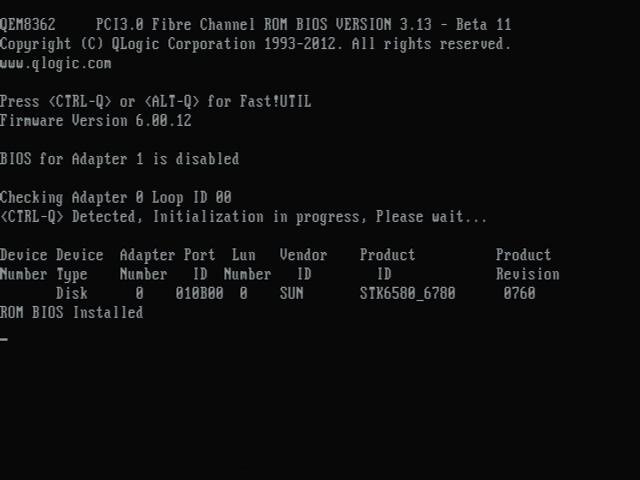 image:アダプタがファイバチャネルモードになっているときの QLogic Fast!UTIL ユーティリティーの起動画面を示した図。