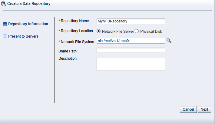 This figure shows the Create a Data Repository dialog box.