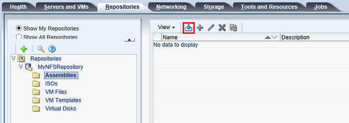 This figure shows the Import VM Assembly icon in the Repositories tab.