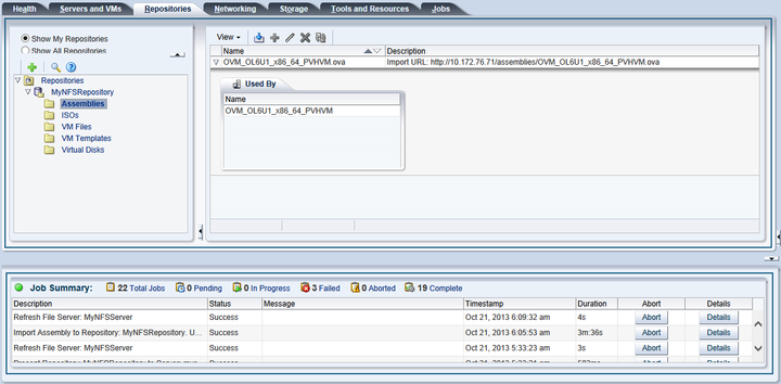 This figure shows the imported virtual machine assembly in the Assemblies folder in the Repositories tab.