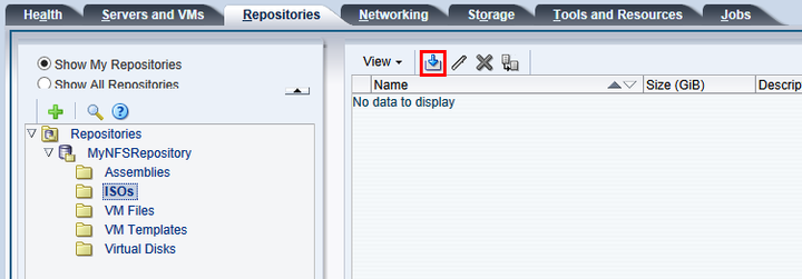 This figure shows the Import ISO icon in the Repositories tab.