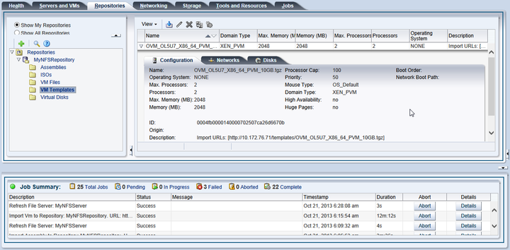 This figure shows the imported virtual machine template in the VM Templates folder in the Repositories tab.