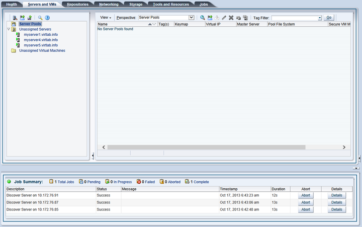 This figure shows the Servers and VMs tab displayed. The discovered Oracle VM Servers are added to the Unassigned Servers folder.