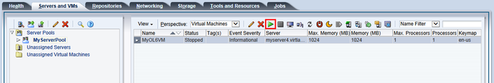 This figure shows the Start icon in the Virtual Machines perspective in the Servers and VMs tab.