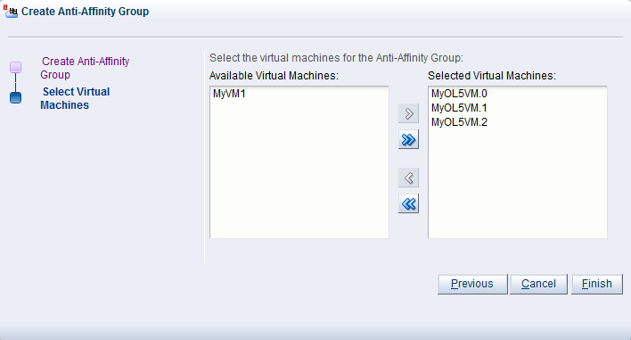 This figure shows the Select Virtual Machines step of the Create Anti-Affinity Group wizard.