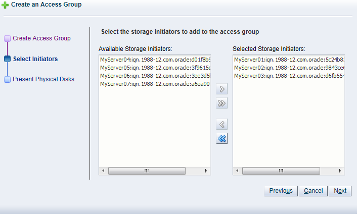 This figure shows the Storage Initiators step in the Create Access Group wizard.