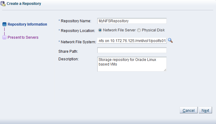 This figure shows the Repository Information step with the Network File Server option selected in the Create a Repository wizard.