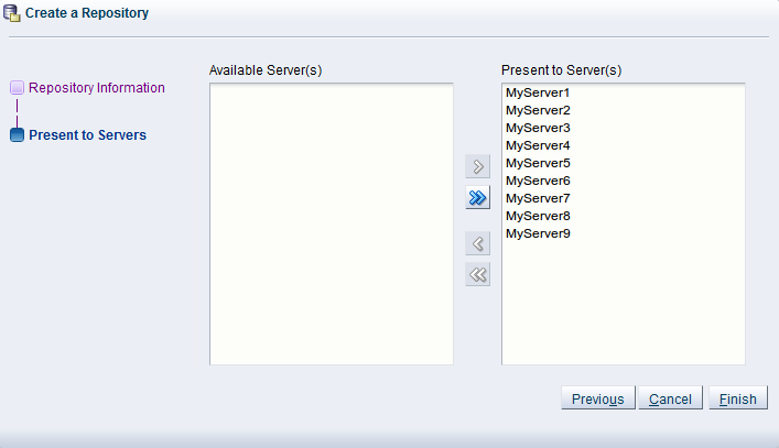 This figure shows the Present to Servers step of the Create a Repository wizard.