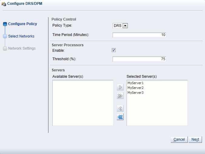 This figure shows the Configure Policy step in the Configure DRS/DPM wizard.