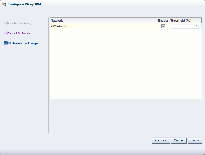 This figure shows the Network Settings step in the Configure DRS/DPM wizard.