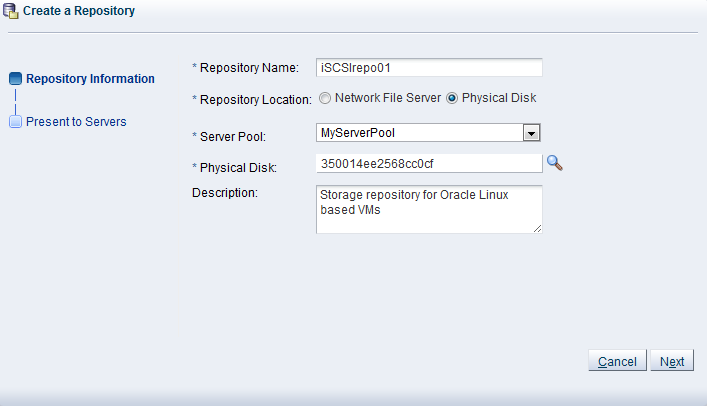 This figure shows the Repository Information step with the Physical Disk option selected in the Create a Repository wizard.