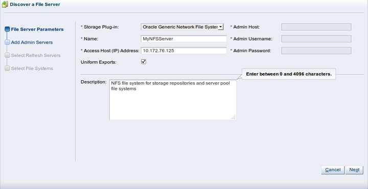 This figure shows the File Server Parameters step of the Discover a File Server wizard.