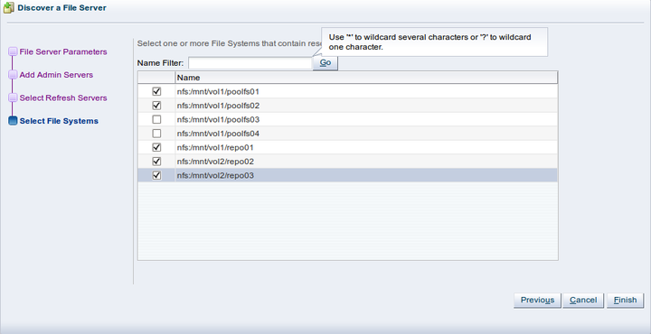 This figure shows the Select File Systems step of the Discover a File Server wizard.