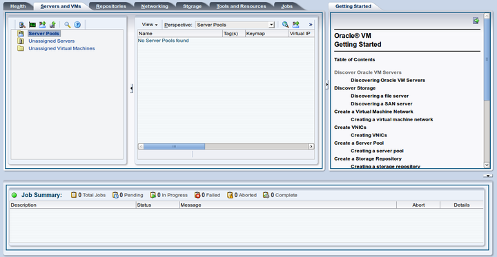 This figure shows the Getting Started tab in the Oracle VM Manager Web Interface.