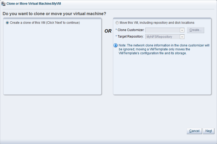 This figure shows the Clone or Move Virtual Machine dialog box with the Create a clone of this VM option selected.