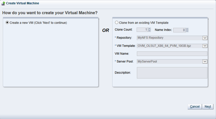 This figure shows the Create Virtual Machine wizard with the Create a new VM option selected.