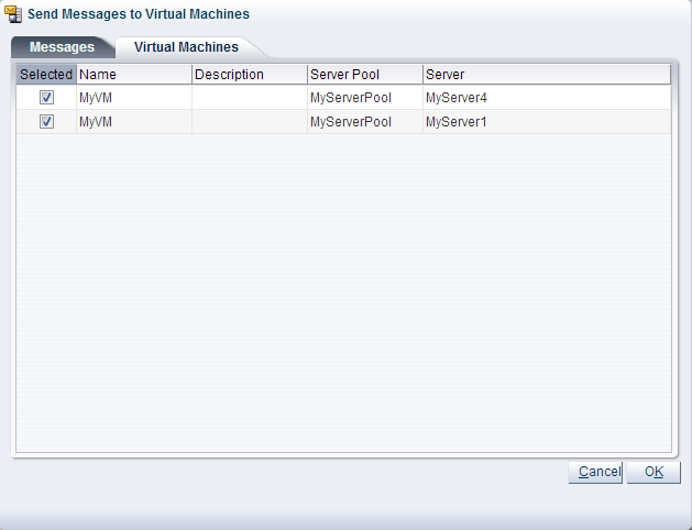 This figure shows the Create VM Message dialog box with the Virtual Machines tab displayed.